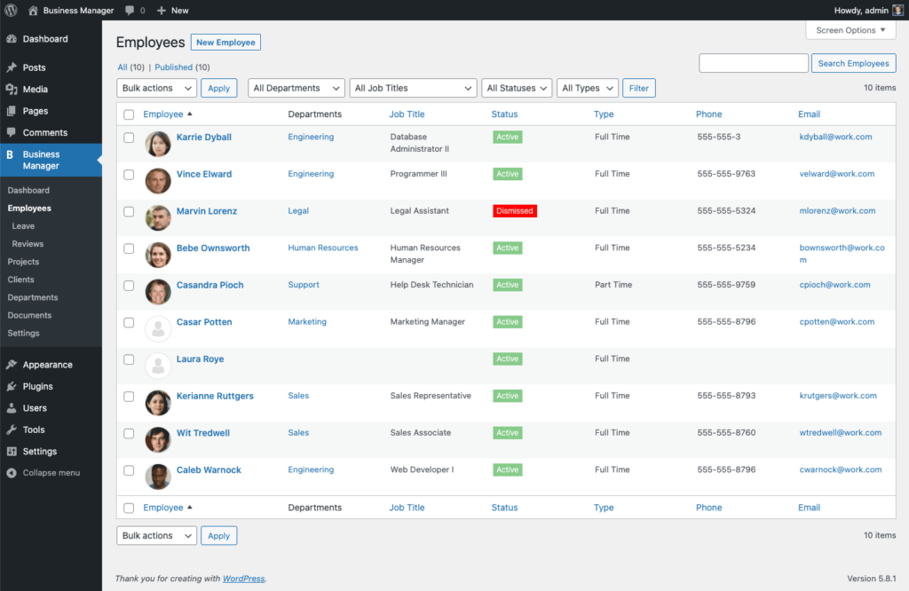 Business Manager Employees List Screenshot